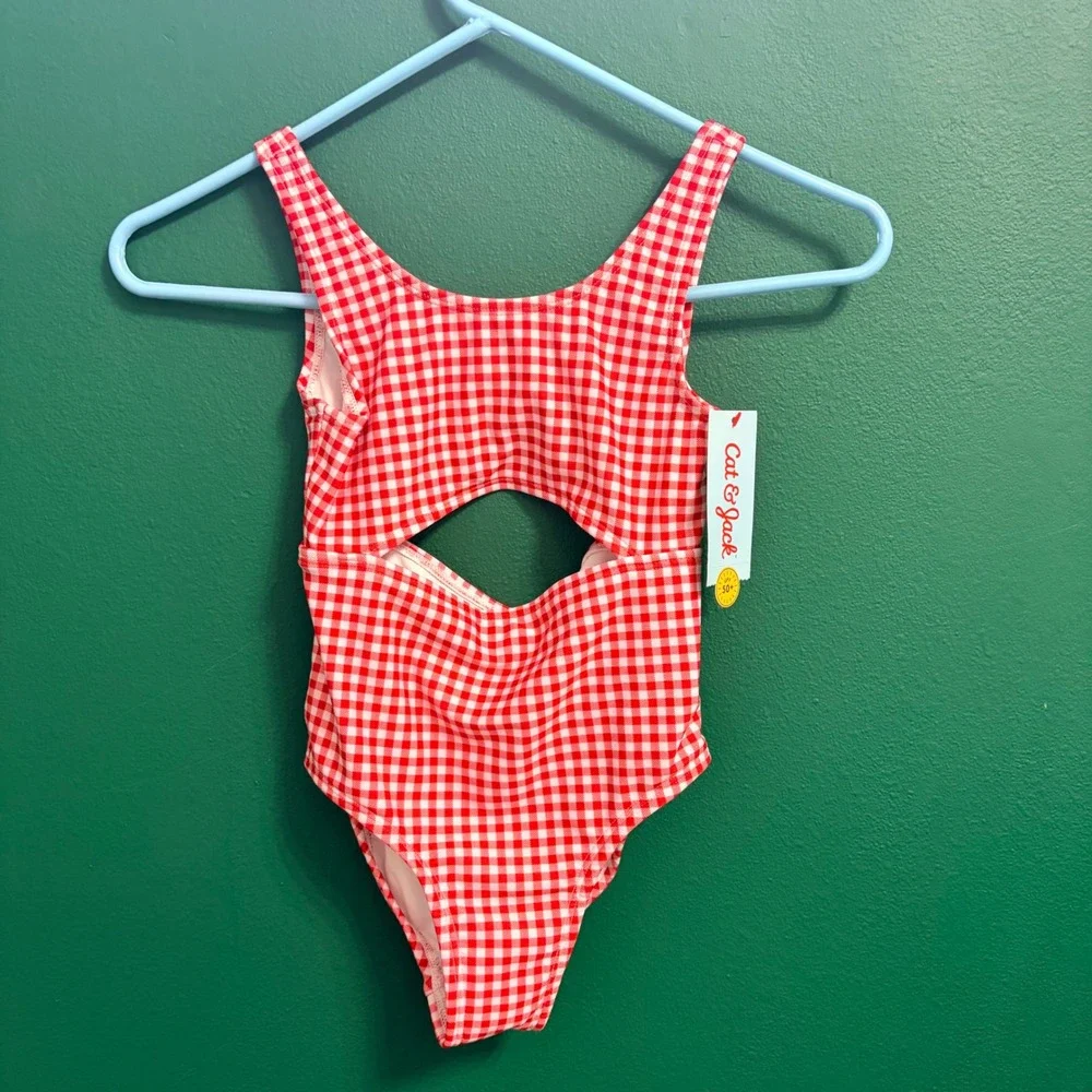 Cat & Jack Red Gingham Americana 1pc Cutout Swim Bathing Suit Small 6/7 NEW NWT
